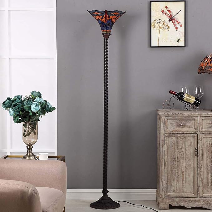Bieye L10710 Dragonfly Tiffany Style Stained Glass Torchiere Floor Lamp with 13 Inch Wide Handmade Lampshade Metal Base for Dark Corner Living Room Bedroom, Orange Blue, 71 inch Tall
