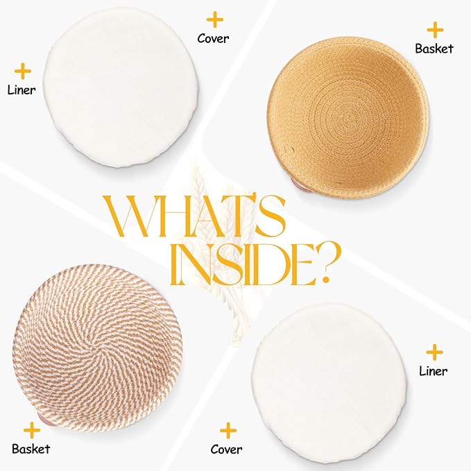 Banneton Bread Proofing Basket - Cotton Banneton Basket Set of 2 Sourdough Proofing Basket Round Proofing Bowls Handmade Rattan Baskets and Liners