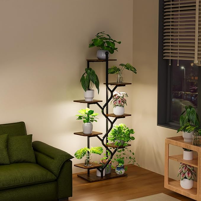 8-Tier Plant Stand with Grow Light, 57 Inch Indoor Plant Shelf, Decor Flower Stand for Living Room & Patio, Rust-Resistant Pipes & Waterproof MDF Boards