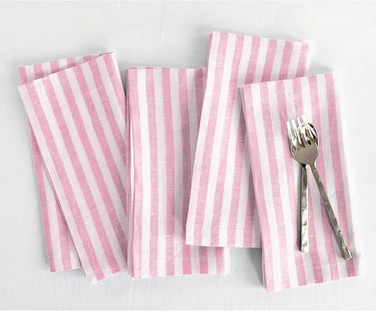 Solino Home Linen Napkins Set of 4-100% Pure Linen Amalfi Stripe Cherry Blossom and White Cloth Dinner Napkins 20 x 20 Inch - Handcrafted and Machine Washable