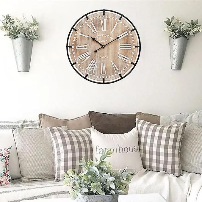20 Inch Large Farmhouse Wall Clock, Rustic Antique Wood with Metal Circle and Large Engraved Numerals, Silent Battery Operated Wall Clock for Office Kitchen Bedroom Living Room