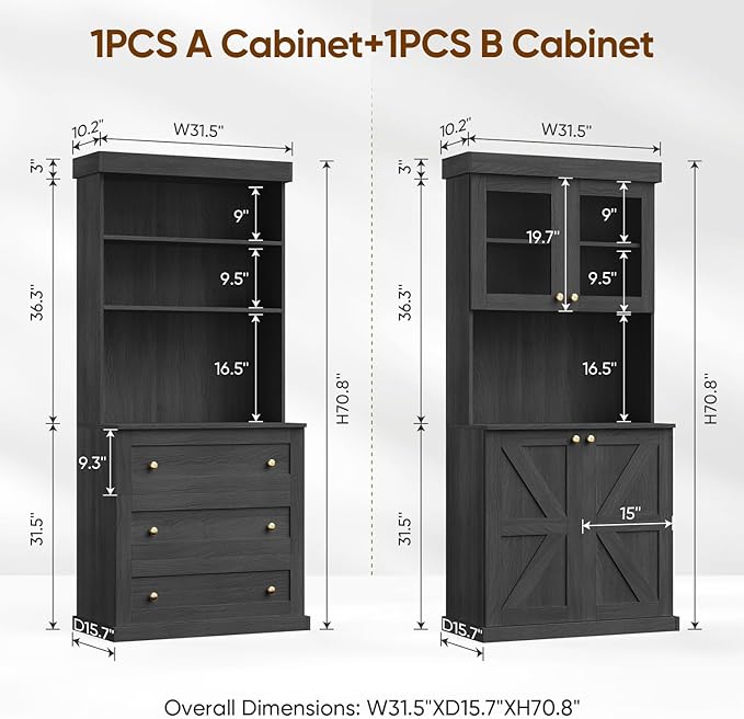 71" Tall Farmhouse Kitchen Pantry, Large Storage Cabinet with Glass Doors and Drawers, Freestanding Coffee Bar Hutch with Microwave Stand, Adjustable Shelves for Kitchen, Living Room, Black 4 Pcs