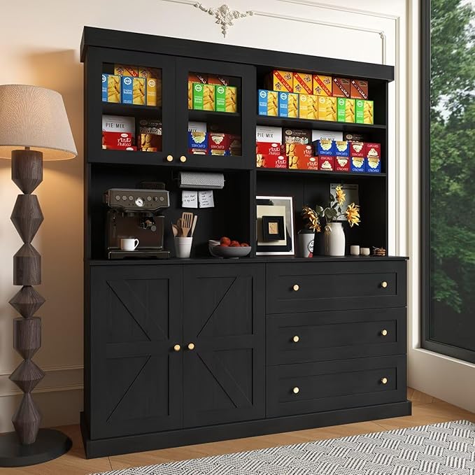 71" Black Farmhouse Kitchen Pantry Cabinet Set of 2— Freestanding Coffee Bar with Glass Doors or Drawers, Microwave Stand, Large Storage Hutch with Adjustable Shelves for Kitchen, Living Room