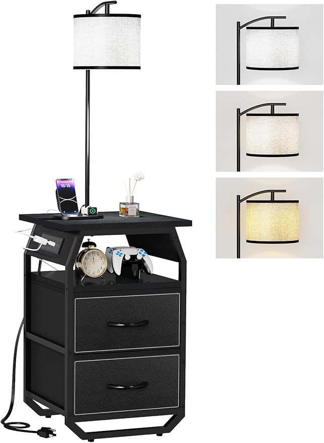 Floor Lamp with Table, End Tables with Lamps Attached 3-Color Temperature Bulb, Side Table with Lamp with 2 Drawers & Charging, Lamps Tables Combo for Bedroom, Dorm, Apartment - Black