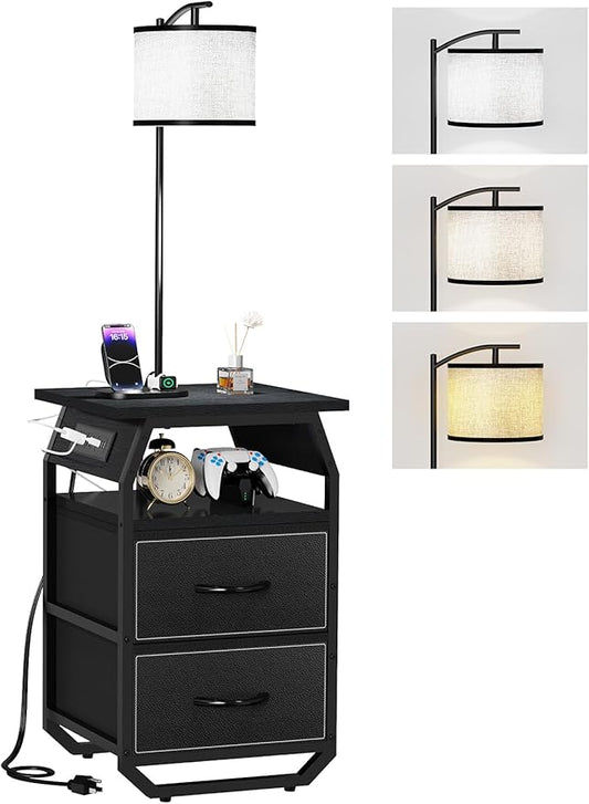 Floor Lamp with Table, End Tables with Lamps Attached 3-Color Temperature Bulb, Side Table with Lamp with 2 Drawers & Charging, Lamps Tables Combo for Bedroom, Dorm, Apartment - Black