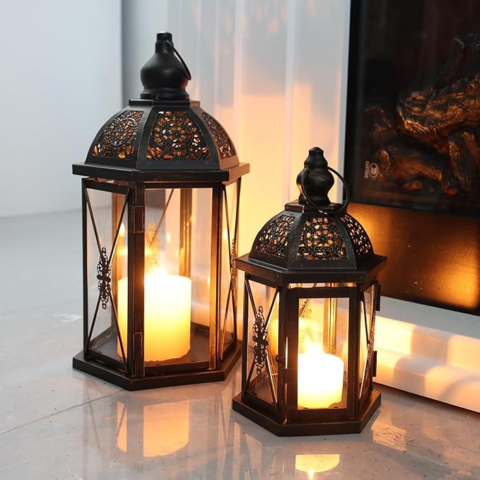 DECORKEY Large Lantern Decorative Outdoor & Indoor, Set of 2 (15’’&10’’) Metal Candle Lanterns Decor, Vintage Hanging Candle Holder for Front Porch Patio Wedding Farmhouse Home, Spring Decoration
