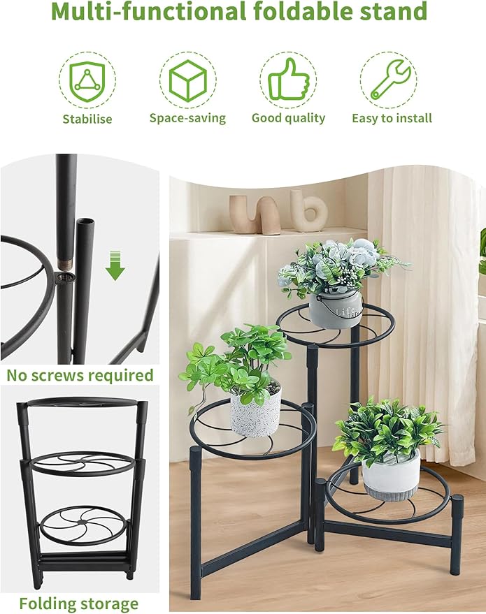 3 Tier Plant Stand Outdoor Tall Metal Corner Plant Stand for Patio Garden Balcony Living Room Bedroom Indoor Tiered Plant Shelf Black Kite