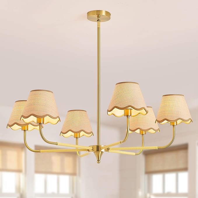 6-Light Boho Rattan Chandelier for Dining Room,37" Farmhouse Chandeliers Light Fixture,Adjustable Height Hanging Pendant Lighting Fixtures for Kitchen Island,Large Hand-Woven Ceiling Lights