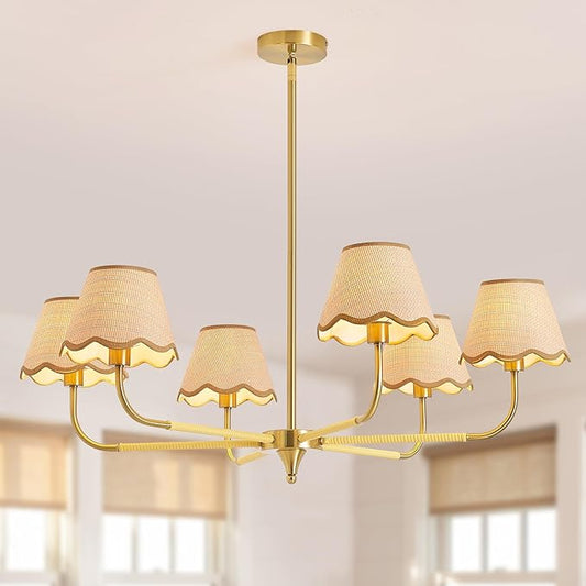 6-Light Boho Rattan Chandelier for Dining Room,37" Farmhouse Chandeliers Light Fixture,Adjustable Height Hanging Pendant Lighting Fixtures for Kitchen Island,Large Hand-Woven Ceiling Lights