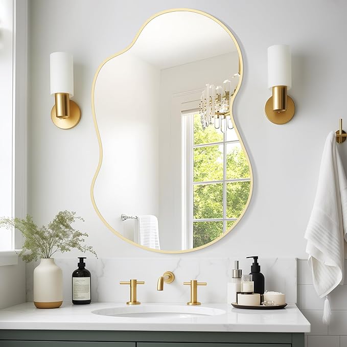 WallBeyond Gold Asymmetrical Mirror, Modern Irregular Wall Mirror with Aluminum Frame for Bedroom, Bathroom, Living Room, and Entryway 36" H x 24" W (Gold)