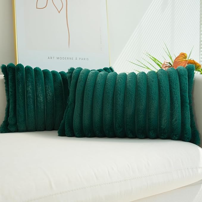 JOJUSIS Pack of 2 Faux Fur Plush Decorative Throw Pillow Covers Couch Cushion Case Soft Pillowcases (Dark Green, 12 x 20-Inch)