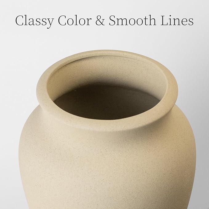 Ceramic Vase for Home Decor, 9 Inch Wide Mouth Pottery Vase, Vintage Farmhouse Vase Boho Neutral Decor, Terracotta Rustic Vase for Living Room, Entryway, Floor, Mantel Decoration（Pottery Clay）