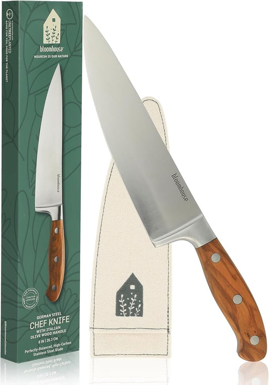 Bloomhouse 8 Inch German Steel Chef Knife W/Italian Olive Wood Forged Handle