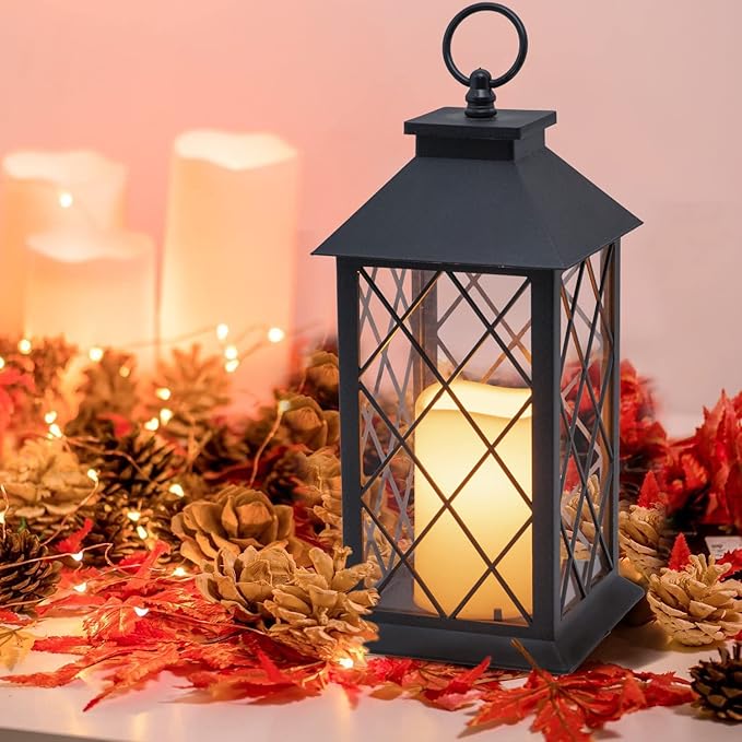 YAKii 13" Decorative Candle Lantern with LED Flameless Candle and Timer, Plastic LED Candle & Holder, Indoor & Outdoor Hanging Lights Thanksgiving &Christmas Day Decorations, Pack of 6 (Black)