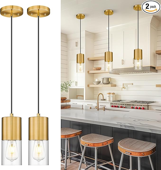 2-Pack Pendant Lights Kitchen Island, Brushed Gold Shade Hanging Lights Fixtures with Cylinder Clear Glass, Brass Kitchen Pendant Lighting Over Island for Dining Room, AD-24023-1P2-GD