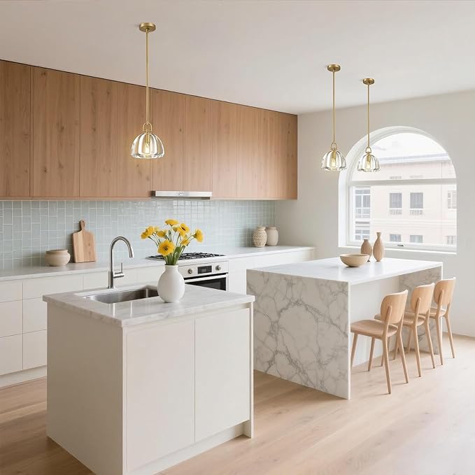 Botanist Crystal Dome Pendant Light Fixture,7" Crystal Modern Brass Pendant Lights Kitchen Island, Hanging Crystals Dome Pendant, Gold Kitchen Pendant Lighting Over Island,E12 Bulb Included