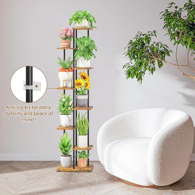 LASZOLA Black 7 Tiered Wood Plant Stand Indoor for Larger Heavy Duty Planter, Sturdy Multi Level Vertical Flowers Racks for Narrow Inside Floor, Decorate Shelving for Hold House Tree, Space Saving