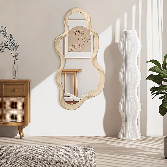 Asymmetrical Mirror for Wall Decor Large Modern Wooden Framed Wall Mirror Unique Shape Wall Mounted Vanity Artistic Wavy Mirror Decorative for Living Room Bedroom Bathroom Entryway Natural