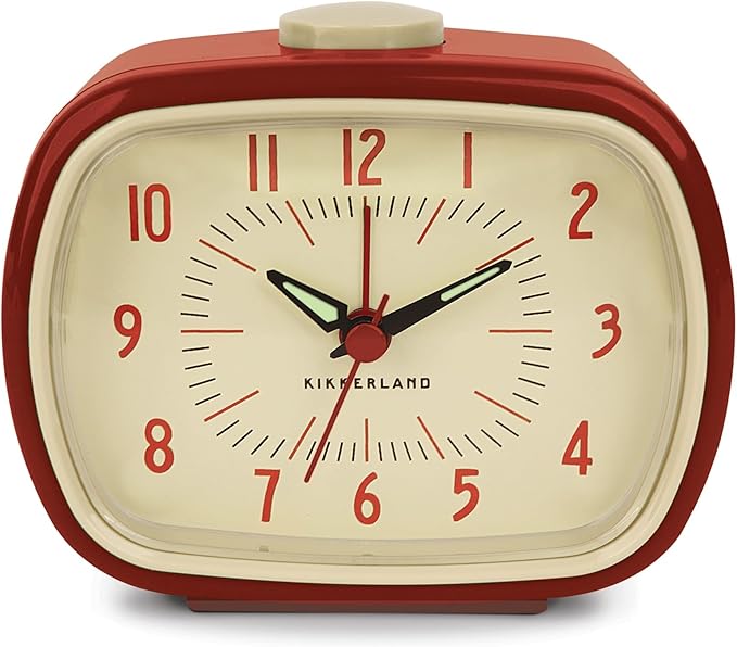Kikkerland Retro Alarm Clock – Vintage Decor for Bedroom, Nightstand, Living Room, or Office – Battery Operated, Glow in The Dark, Decorative Analog Clock, Red