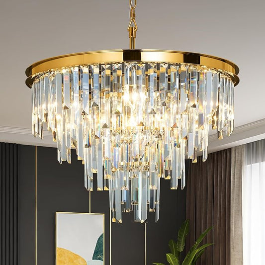 Gold Top K9 Crystal Chandelier Modern Lighting Fixture, 9 Lights Round K9 Crystal Adjustable Hanging Lamp for Dining Room Bedroom Living Room,Hallway,Bar,Kitchen W24''