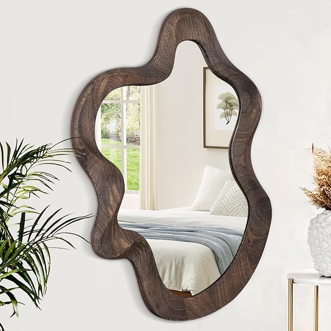 Asymmetrical Wavy Mirror for Wall Decor Large Cute and Stylish Unique Wooden Framed Wall Mirror Vanity Artistic Cloud Mirror 21.6"x15" Decorative for Living Room Bedroom Bathroom Entryway