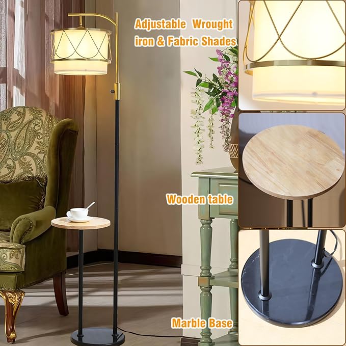Dimmable Floor Lamp with Wooden Table and Marble Base, Boho Farmhouse Arc Standing lamp with Fabric & Metal Lampshades for Living Room Bedroom