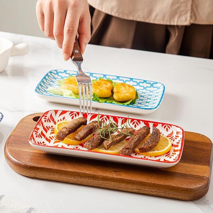 Rectangle Serving Plates Set - 8 Inch Rectangular Ceramic Dinner Appetizer Dishes - Porcelain Platter for Sushi Salad Dessert Pasta - Oven Microwave Dishwasher Safe - Set of 6 - Assorted Colors