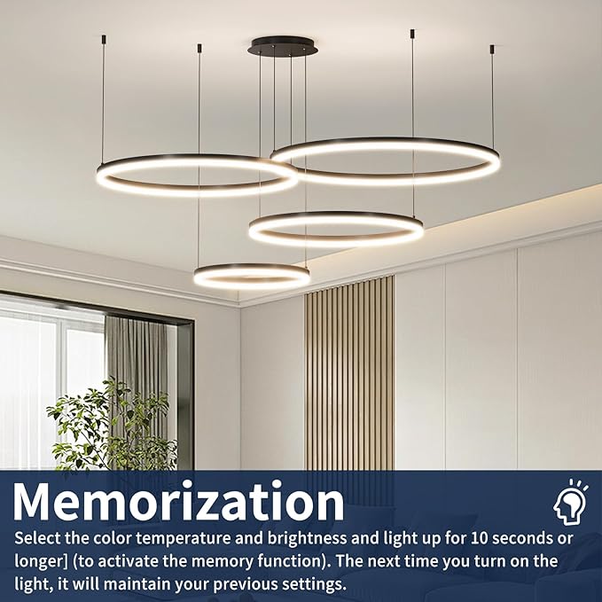 Modern LED Chandelier Light, 4 Ring Black Pendant Lighting Fixture, Adjustable Hanging Ceiling Lamp for Dining Room, Kitchen Island, Entryway, Living Room, Dimmable Dining Light Over Table