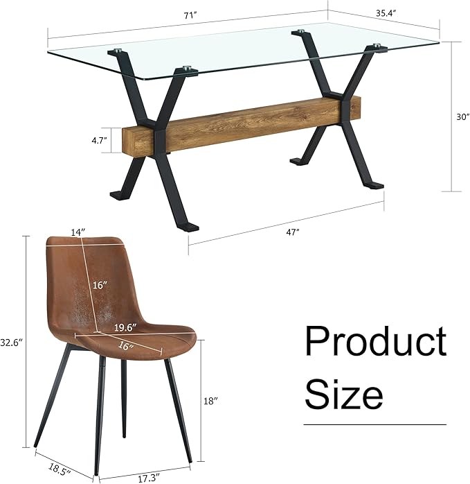 5 Piece Glass Dining Table Set, Kitchen Table Chairs Set for 4, 71'' Dining Table with 0.4" Tempered Glass Tabletop with Plated Metal Legs and MDF Crossbar, 4 Suede Chairs for Dining Room, Kitchen.