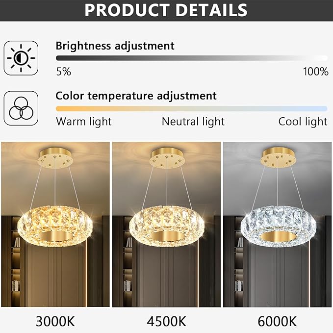 8" Ring Modern LED Dimmable Crystal Chandelier Adjustable Height Pendant Light Round Crystal Chandelier Light Fixtures for Dining Room Living Room Kitchen Island Gold