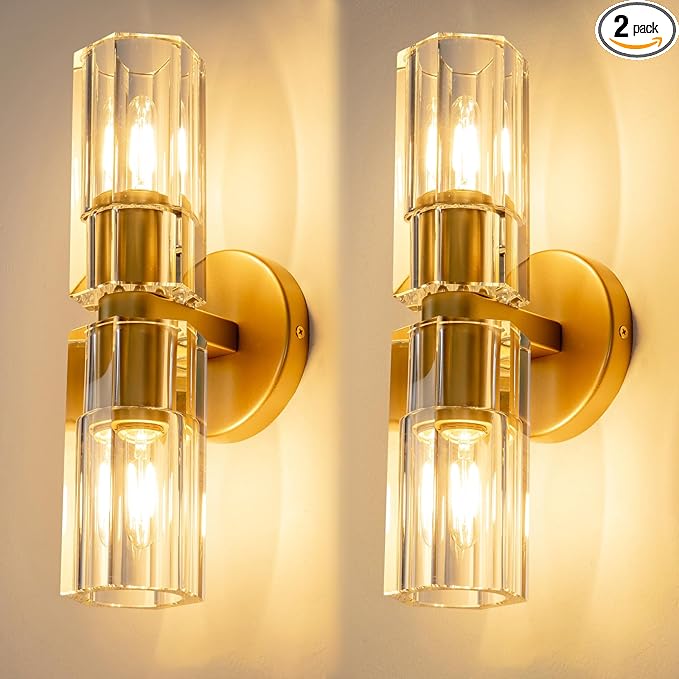 Gold Crystal Wall Sconces Set of Two, Wall Sconce Set of 2, Brass Sconces Wall Lighting with K9 Crystal Lampshade, Wall Lights for Bedroom Living Room Bathroom Hallway