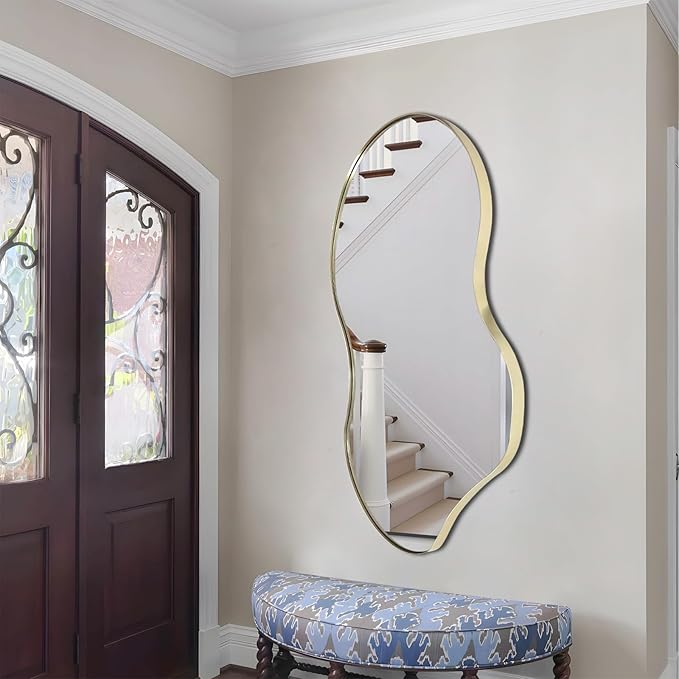 Irregular Wall Mirror, 46"x26" Asymmetrical Mirrors with Gold Metal Frame, Waved Shaped Decorative Mirrors for Living Room Bathroom Bedroom Hallway Entryway Fireplace