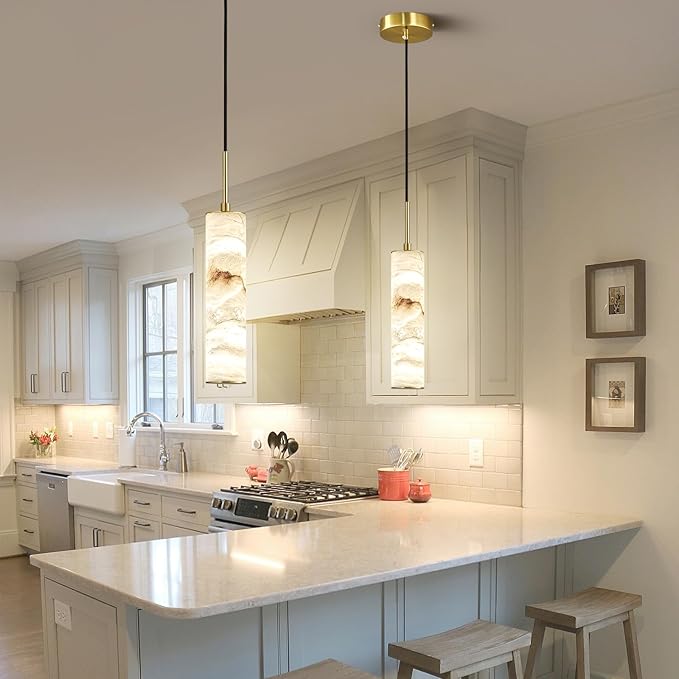 LMQNINE Natural Alabaster Pendant Lights for Kitchen Island White Marble Long Tube Chandelier Modern Gold Ceiling Light Fixtures for Bedroom Dining Room Table Living Room Hallway(S-2Pack)