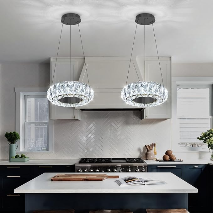 8" Ring Modern LED Dimmable Crystal Chandelier Adjustable Height Pendant Light Round Crystal Chandelier Light Fixtures for Dining Room Living Room Kitchen Island Black