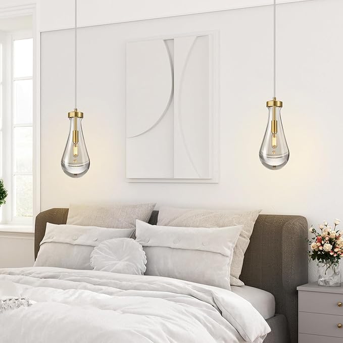 Raindrop Pendant Lights Kitchen Island Set of 3 Teardrop Gold Hanging Light Fixtures Clear Solid Glass Pendant Light Modern Chandeliers for Dining Room Porch Corridor Living Room…
