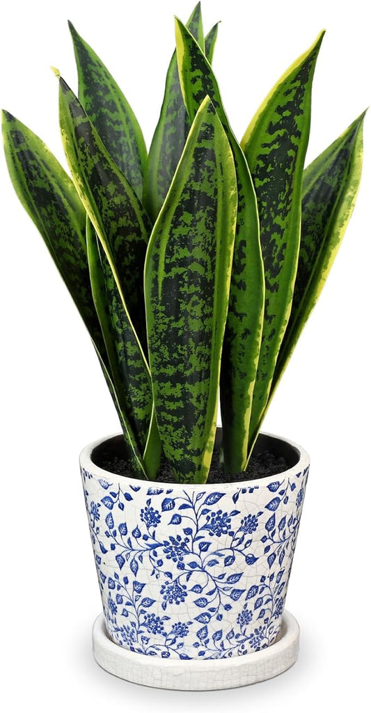 Fake Plants 15.7" Artificial Snake Plant Faux Plants in Blue and White Pot Tropical Sansevieria Silk Plant Fake Potted Plants Indoor for Home Living Room Bathroom Office Housewarming Gift Decor