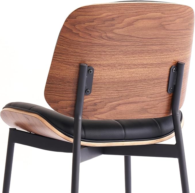 Mid Century Modern Dining Chairs with Walnut Grain Back, Black Faux Leather Dining Room Chairs Set of 4, Checkered Soft Cushion Kitchen Chairs with Adjustable Foot Pads
