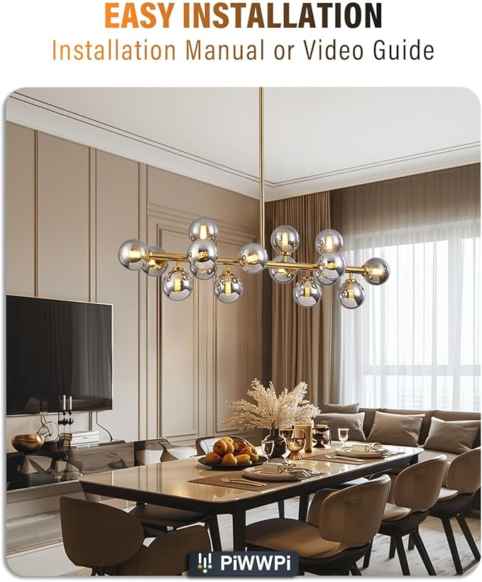 Glass Globe Sputnik Chandelier, 16-Light Mid Century Modern Light Fixture Over Table, Linear Chandeliers for Dining Room, Kitchen Island, Brass Gold and Smoke Grey Bubble, 40 Inch, GC-02