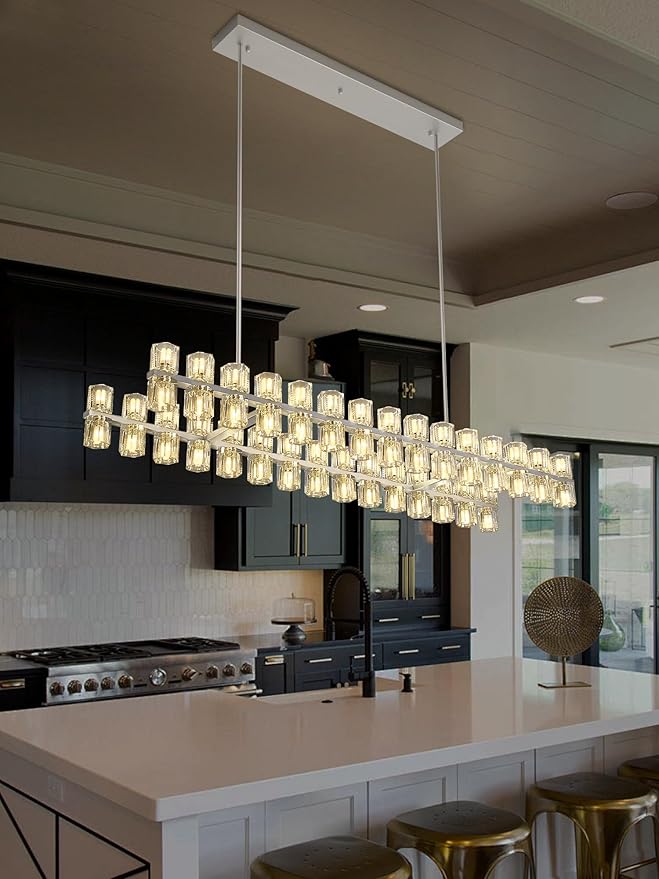 Silver Rectangular Crystal Chandelier Light Fixture 54 in Dining Room Chandelier Over Table Modern Farmhouse Ceiling Pendant Hanging Light Fixture for Living Room, Kitchen Island