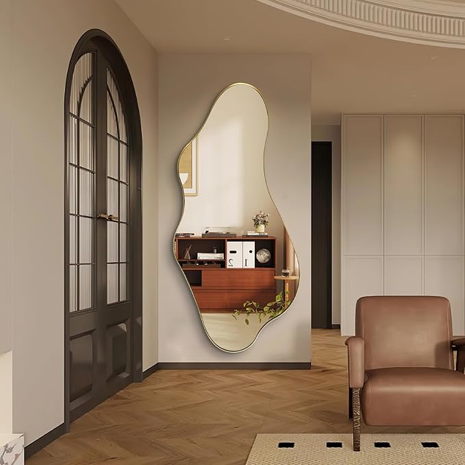 Irregular Mirror Full Length, Large Asymmetrical Wall Mirrors, 63"x30" Gold Wavy Floor Mirror for Dressing, Abstract Mirrors Decorative for Living Room Bathroom Bedroom Hallway Entryway