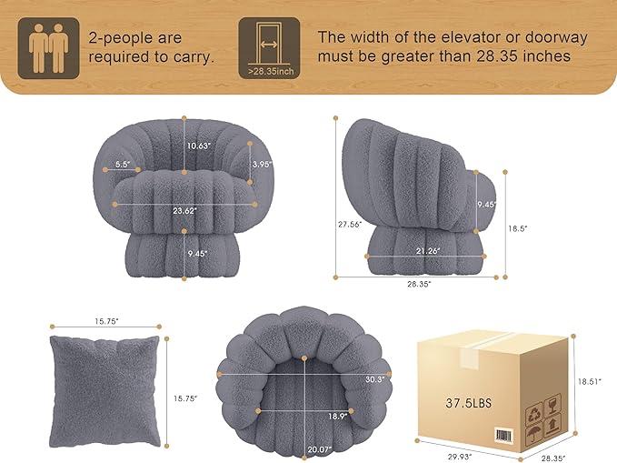 Mid Century Modern 360 Degree Barrel Swivel Accent Sofa Chair,Fluffy Sherpa Fabric Lounge Wide Upholstered Pumpkin Reading Chair, Round Cloud Armchair for Living Room,Bedroom,Vanity(Grey)