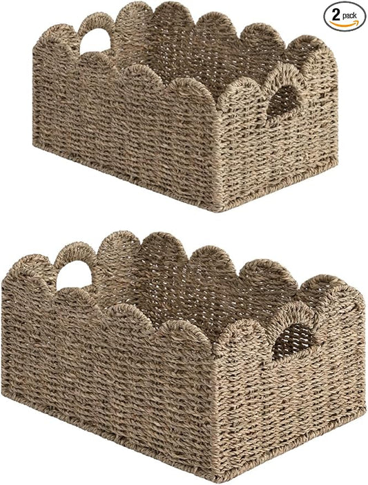 StorageWorks Scalloped Edge Wicker Basket, Hand-woven Rattan Baskets with Built-in Handles, Seagrass Basket for Organizing and Decor, 2 Pack