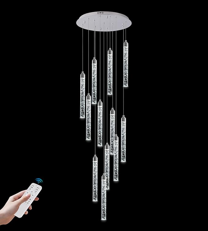 12-Lights High Ceiling Crystal Staircase Chandelier Chrome, Modern Spiral Raindrop Dimmable LED Bubble Cluster Ceiling Hanging Lighting Fixture for Foyer Living Room Entrance Remote Control