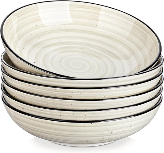 vancasso Bonbon Pasta Bowls Set of 6, 38 Oz Ceramic Salad Bowls, Wide and Shallow Bowls Set, Large Serving Bowls for Kitchen, Beige