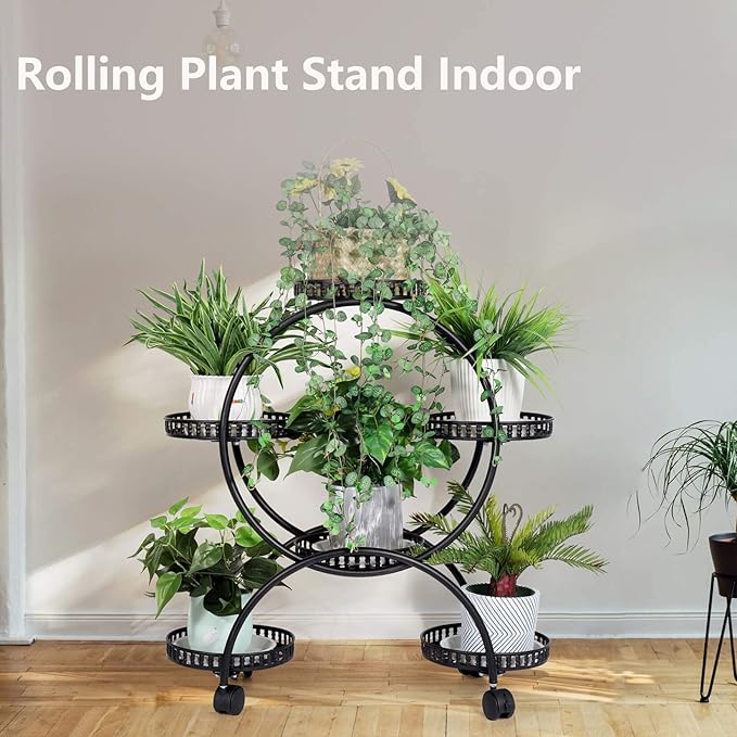 unho Metal Plant Stand 6-Potted: Flower Pot Holder with Wheels 4 Tier Display Shelf Rack for Patio Balcony Yard Garden Home Decor, Black
