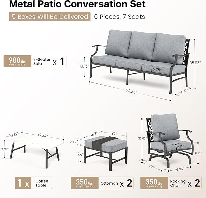 6 Piece Metal Outdoor Patio Furniture Set, Patio Conversation Set 1 3-seater Sofa, 2 Rocking Chair, 2 Ottomans with 5.75" Thick Cushion and Coffee Table, Black Backyard Furniture, Gray