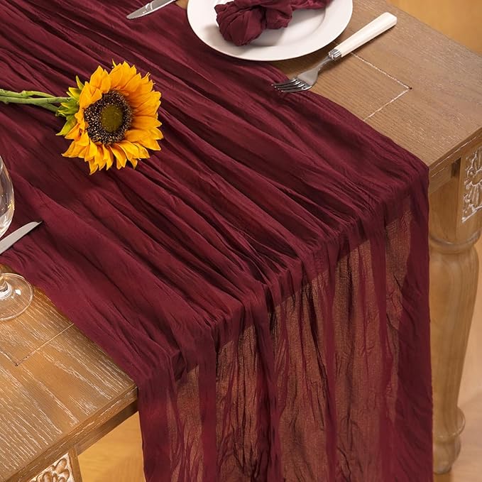 Burgundy Red Cheesecloth Table Runner 6 Pack Fall Table Runners Boho Gauze 120 Inches Red Cheese Cloth Fall Table Decorations for Thanksgiving Christmas Weddings Bridal Shower Candlelight