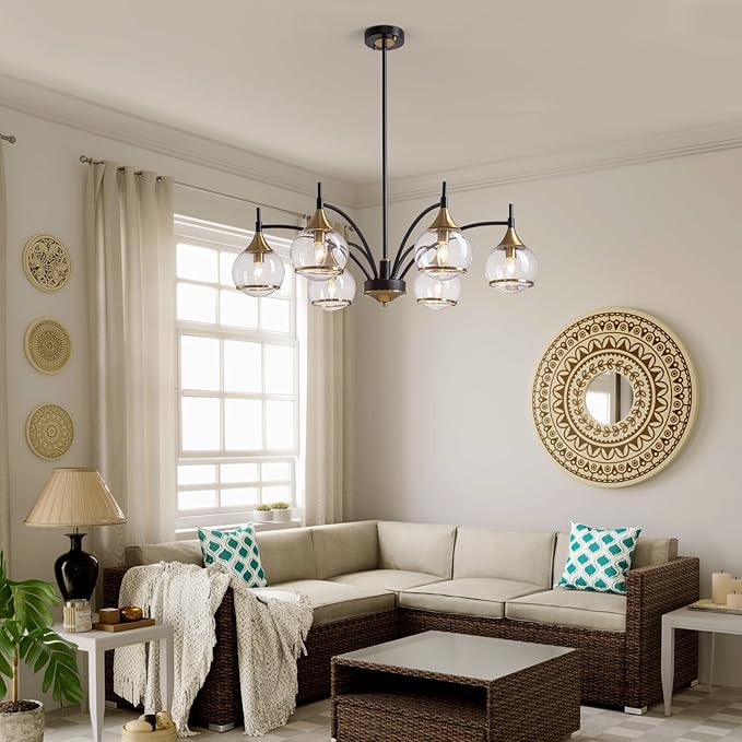 6 Light Modern Dining Room Light Fixtures Over Table 33.8" Black and Gold Chandelier with Globe Glass Bubble Shade Mid CenturySputnik Chandeliers for Dining Room，Living Room,Kitchen