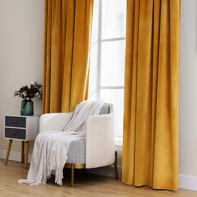 MIULEE Velvet Curtains 63 inch Length 2 Panels - Luxury Blackout Curtains for Bedroom Living Room Thermal Insulated Fall Decor Super Soft Window Drapes Rod Pocket & Back Tab, Mustard Yellow