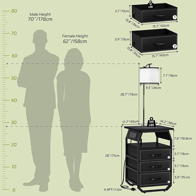 Floor Lamp with Table Set of 2, End Tables with Lamps Attached 3-Color Temperature Bulb, Side Table with Lamp with 3 Drawers & Charging, Lamps Tables Combo for Bedroom, Dorm - Black